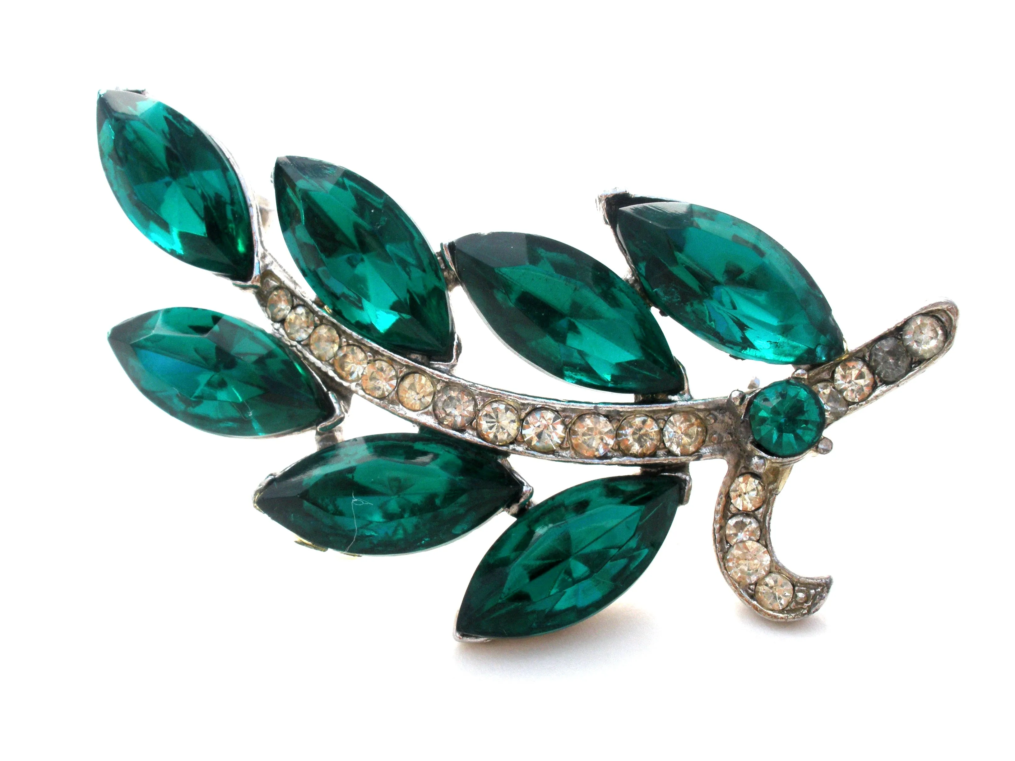 Weiss Green & Clear Rhinestone Leaf Brooch Pin