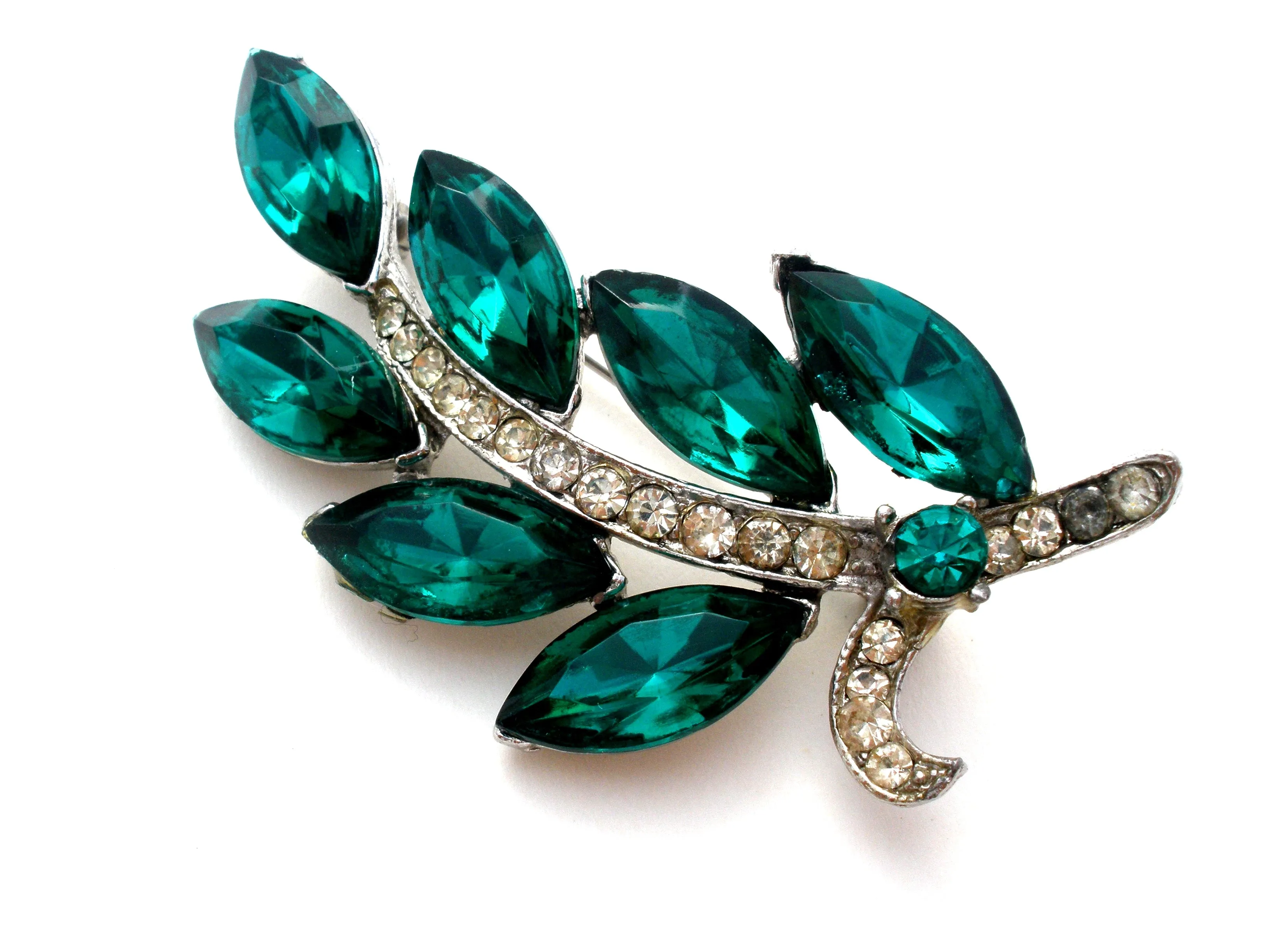 Weiss Green & Clear Rhinestone Leaf Brooch Pin