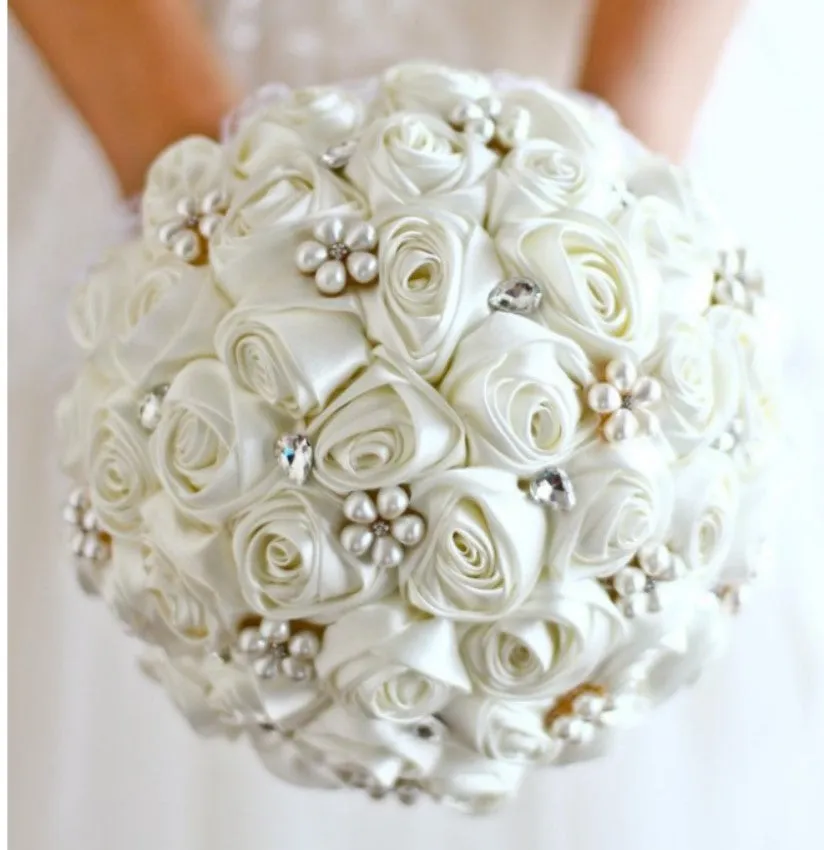 White Round Bouquet l Real Touch Roses l Satin Roses Brooch Bouquet~ BOU-002