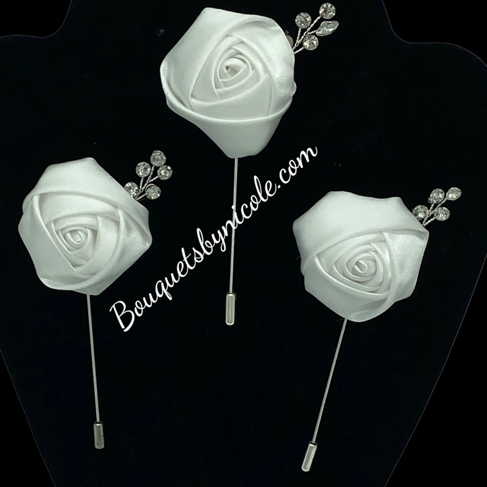 White Round Bouquet l Real Touch Roses l Satin Roses Brooch Bouquet~ BOU-002