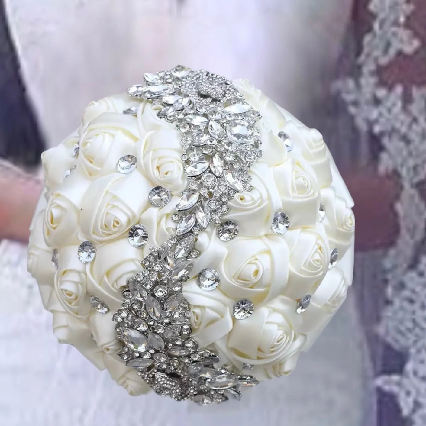 White Round Bouquet l  Satin Roses Brooch Bouquet~ BOU-001