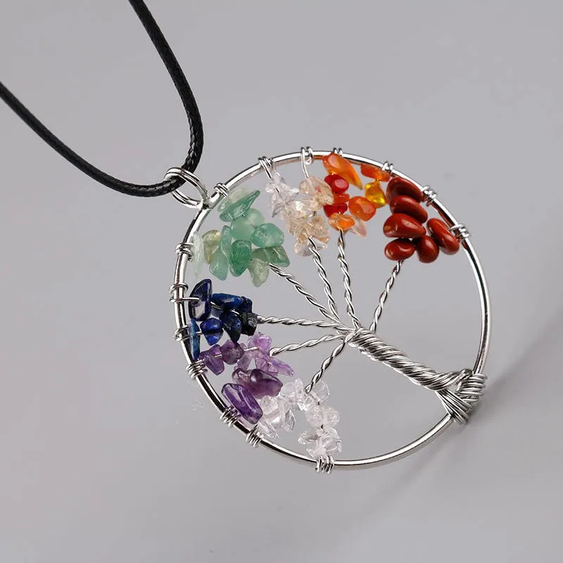 Women Rainbow 8 Chakra pendentif amethyste Tree Of Life Quartz Chips Pendant Necklace Multi Wisdom Tree Natural Stone Necklace