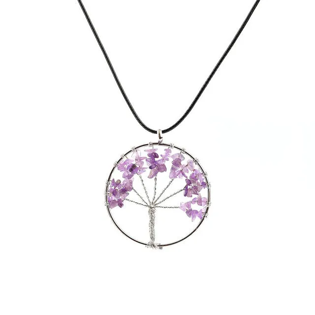 Women Rainbow 8 Chakra pendentif amethyste Tree Of Life Quartz Chips Pendant Necklace Multi Wisdom Tree Natural Stone Necklace