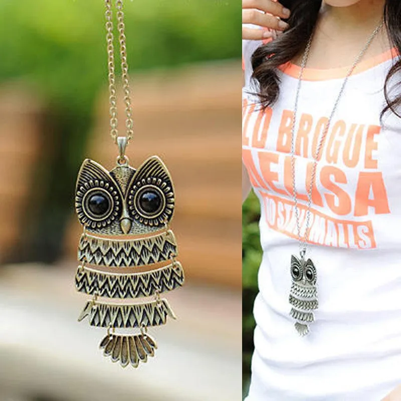 Women's Owl Pendant Necklace - Bronze / Silver Color Long Chain Long Pendant Necklace