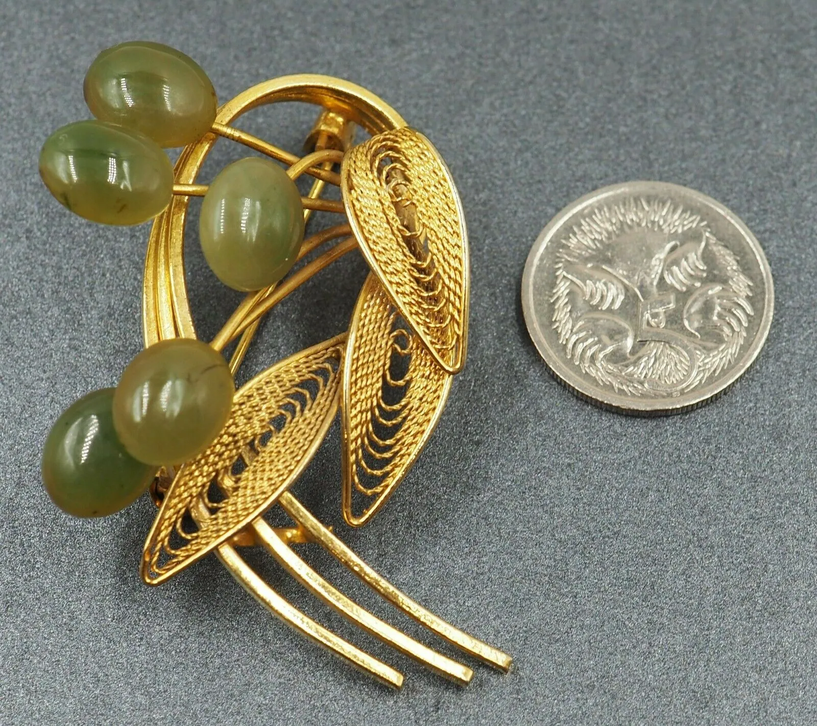 Yellow Gold Plated Jade Brooch