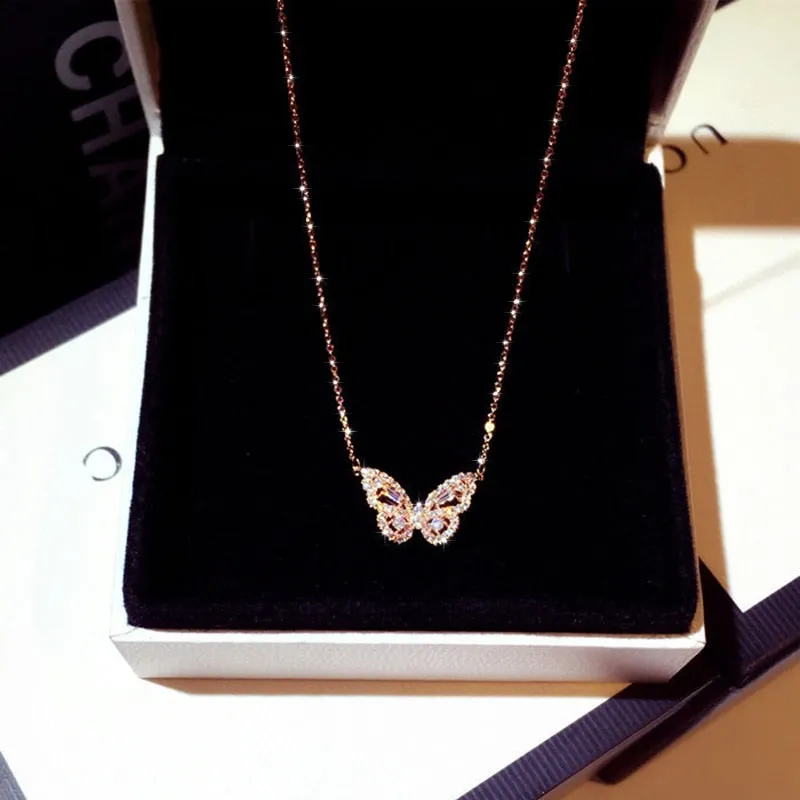 Zirconia Butterfly Necklace / Charm Bling CZ Rose Gold Butterfly Necklace /Pendant Bijoux for Women