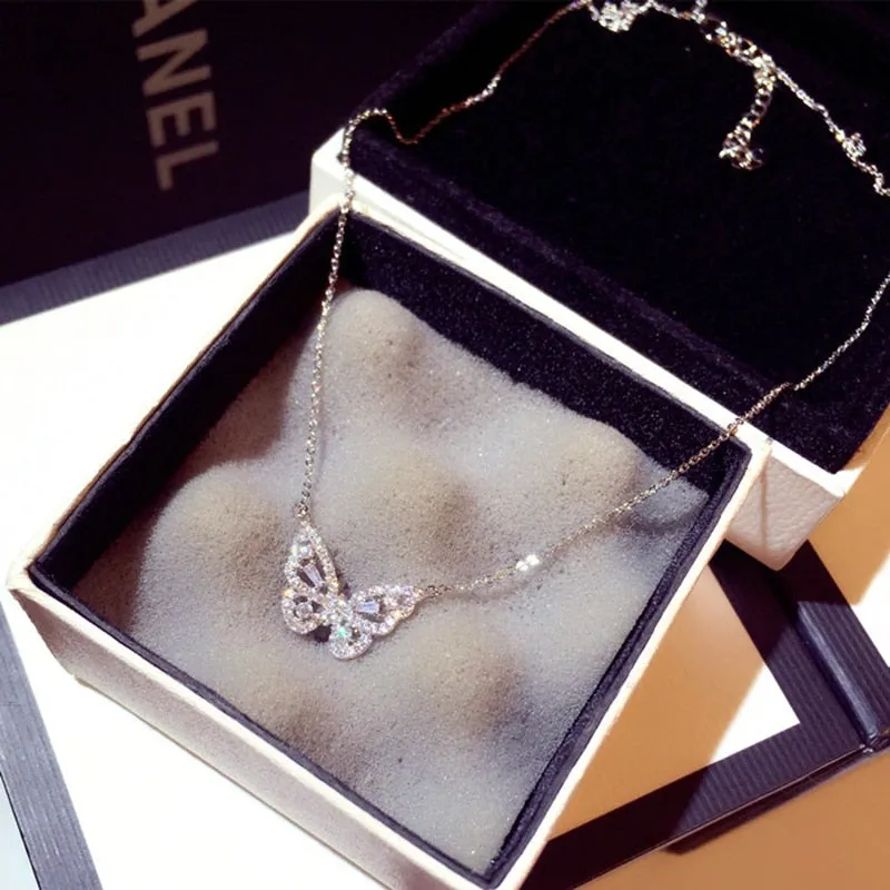 Zirconia Butterfly Necklace / Charm Bling CZ Rose Gold Butterfly Necklace /Pendant Bijoux for Women