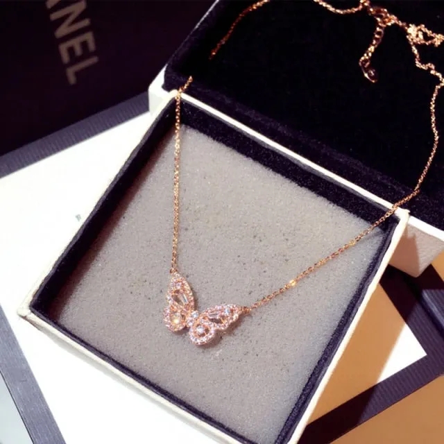 Zirconia Butterfly Necklace / Charm Bling CZ Rose Gold Butterfly Necklace /Pendant Bijoux for Women